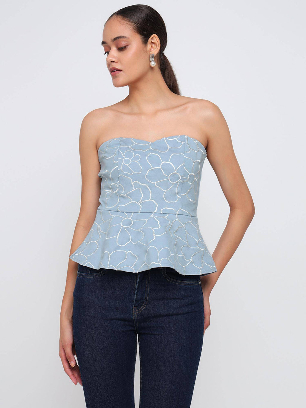 Embroidery Blue Peplum Top | pt51 - view 1