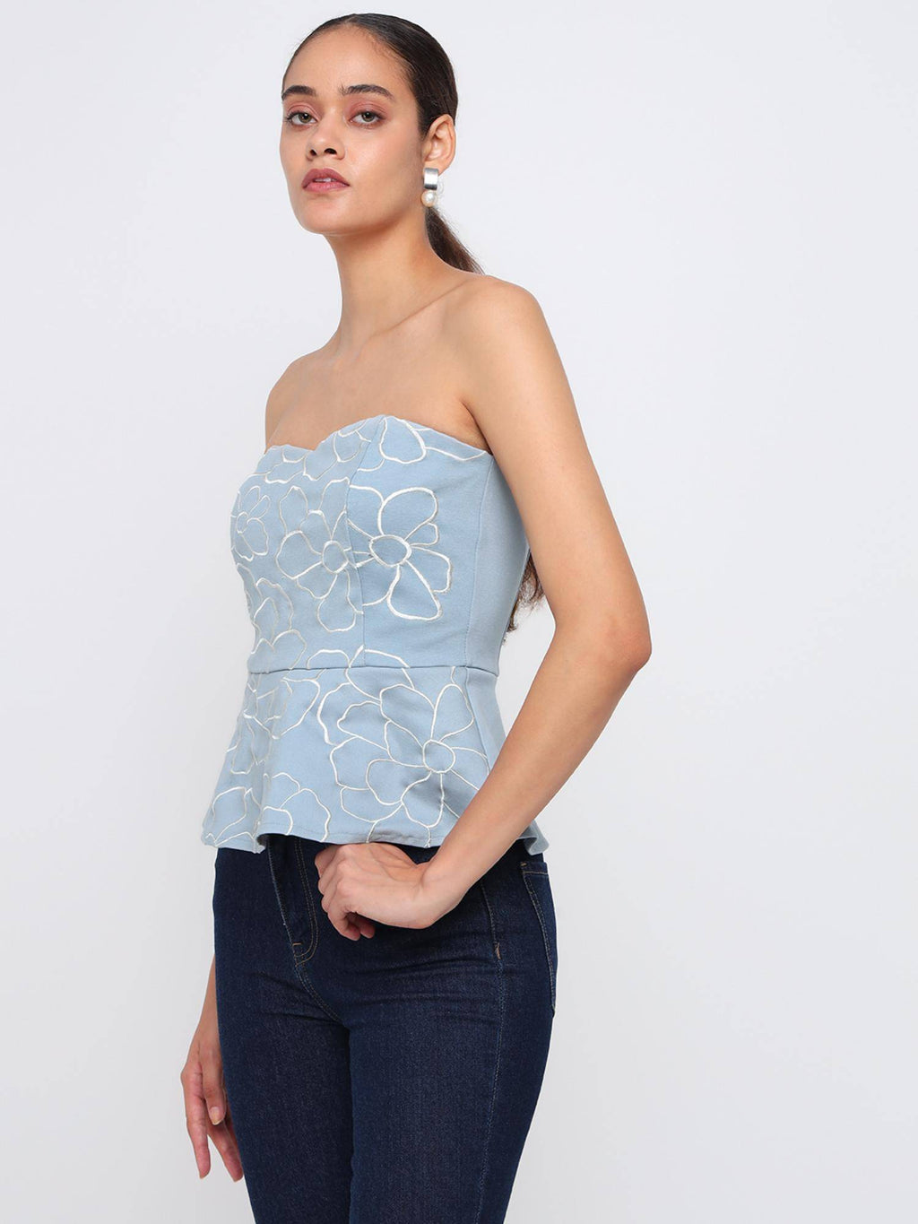 Embroidery Blue Peplum Top | pt51 - view 2