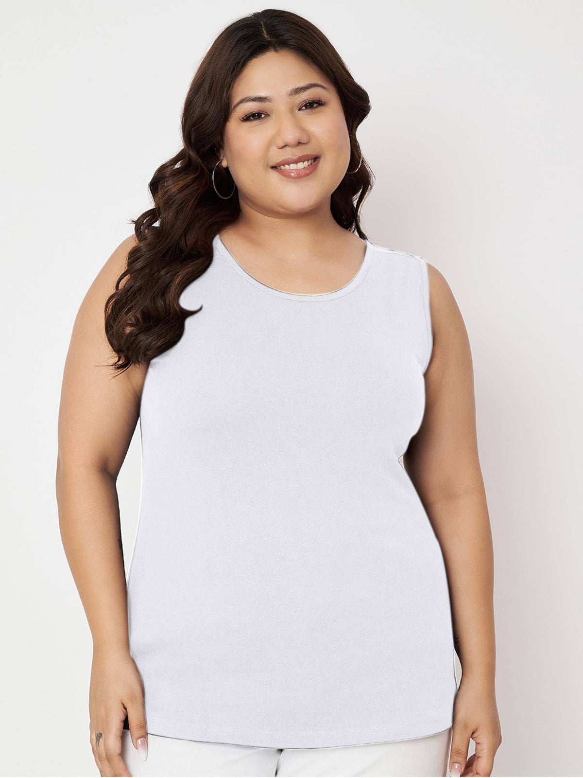 White Plus Size Round Neck Cotton Non Padded Camisole Top | TT98 - view 1