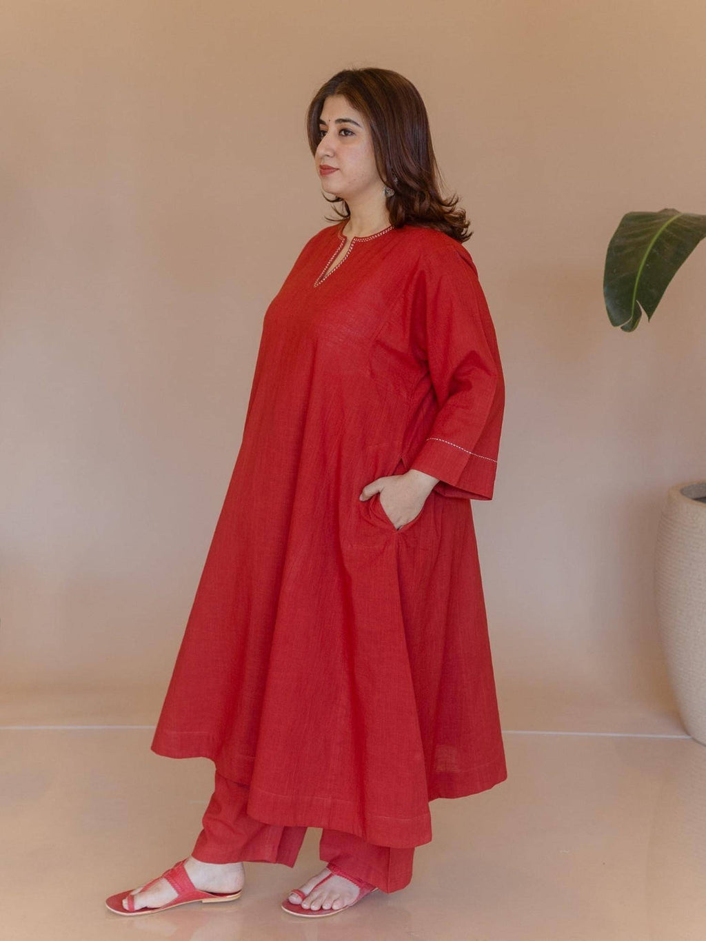 Nyra Red Solid Slub Cotton Jhabbha Kali Kurta with Hand Embroidery | KDG - view 7
