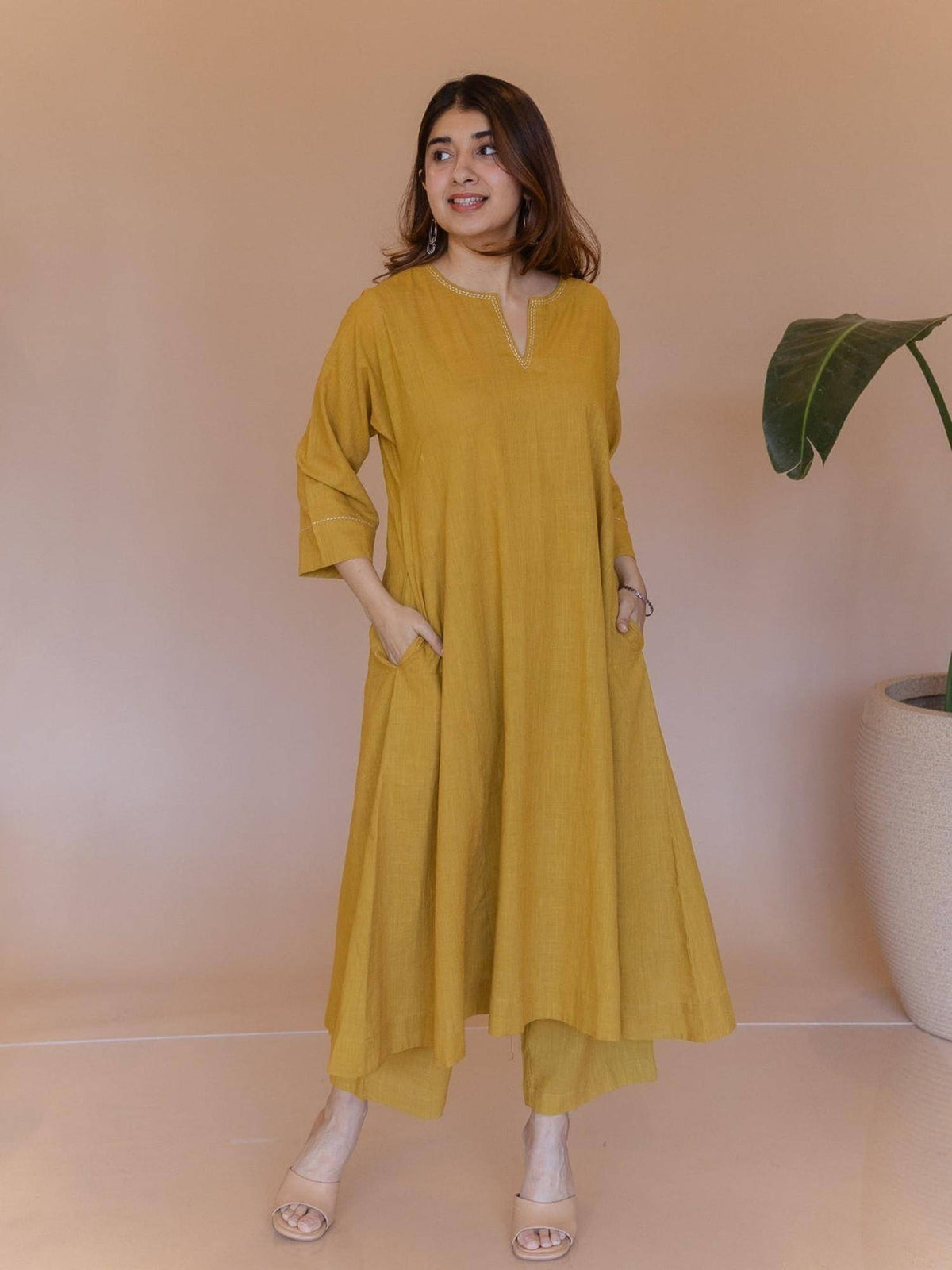 Nyra Yellow Solid Slub Cotton Jhabbha Kali Kurta With Hand Embroidery | KDG - view 3
