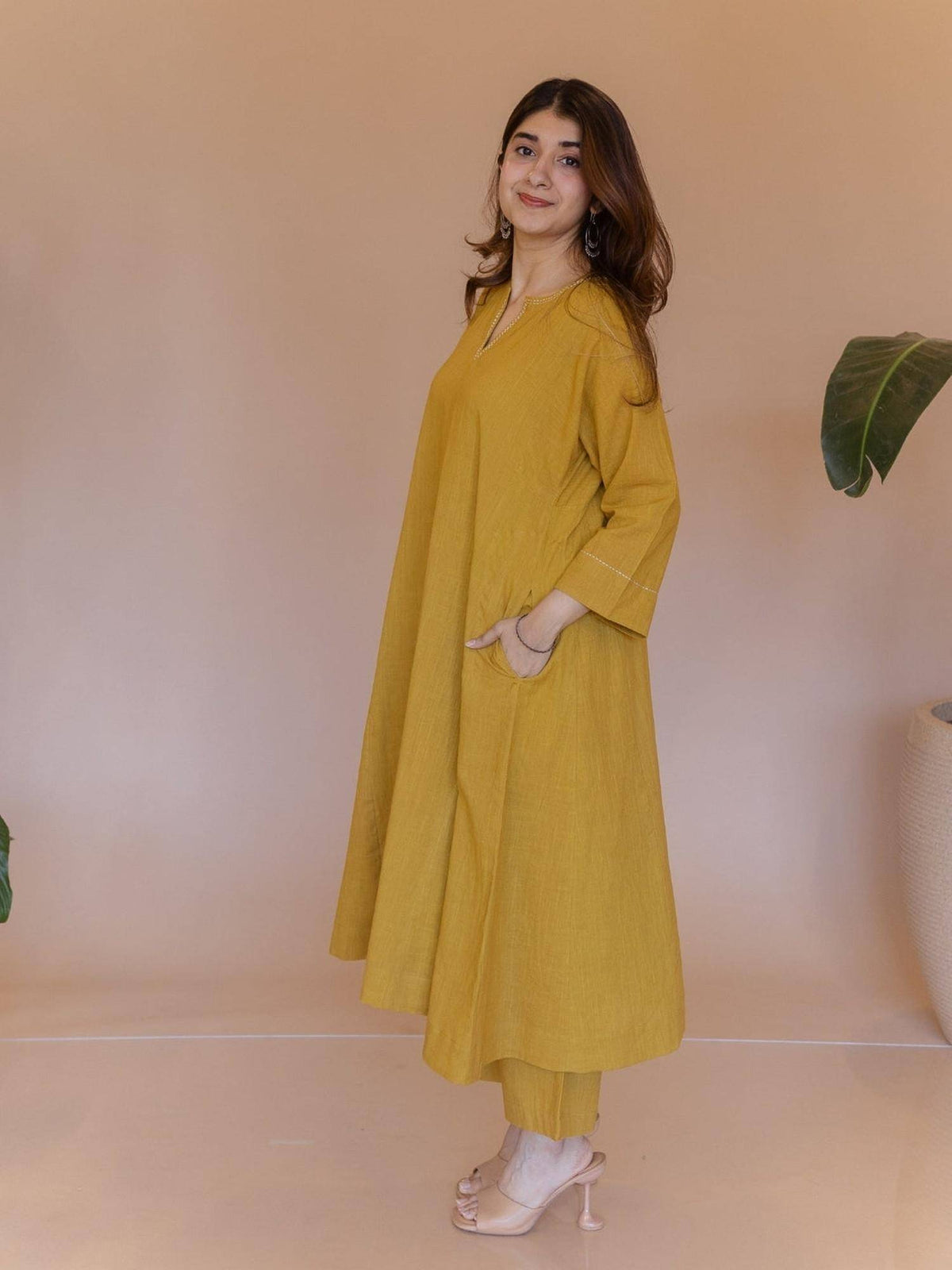Nyra Yellow Solid Slub Cotton Jhabbha Kali Kurta With Hand Embroidery | KDG - view 7