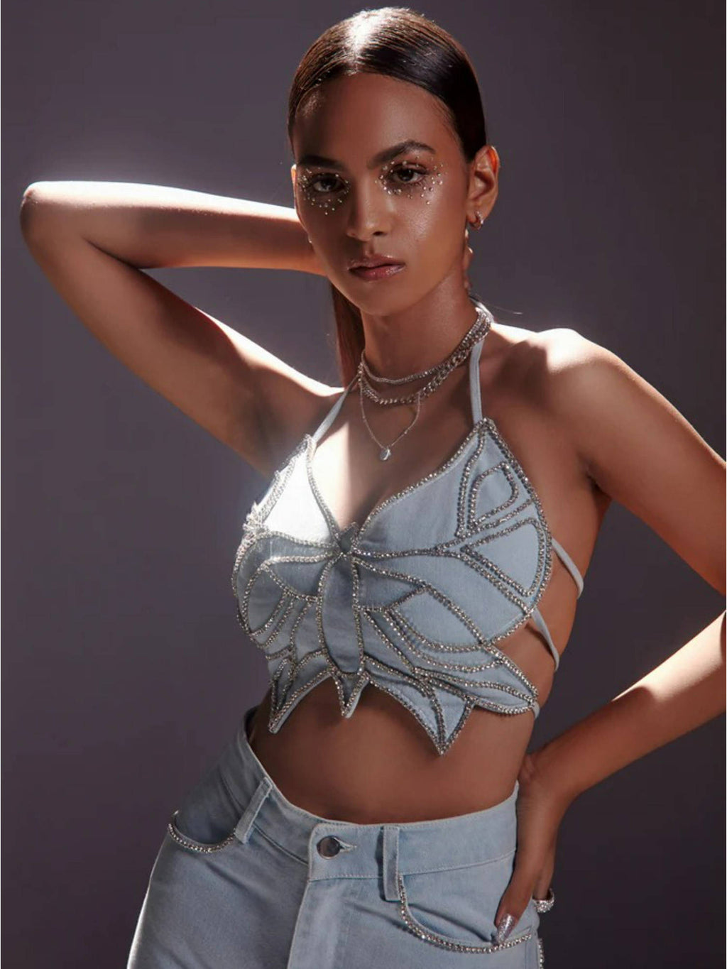 Rhinestone Embellished Butterfly Top-Blue | CT61 - view 2