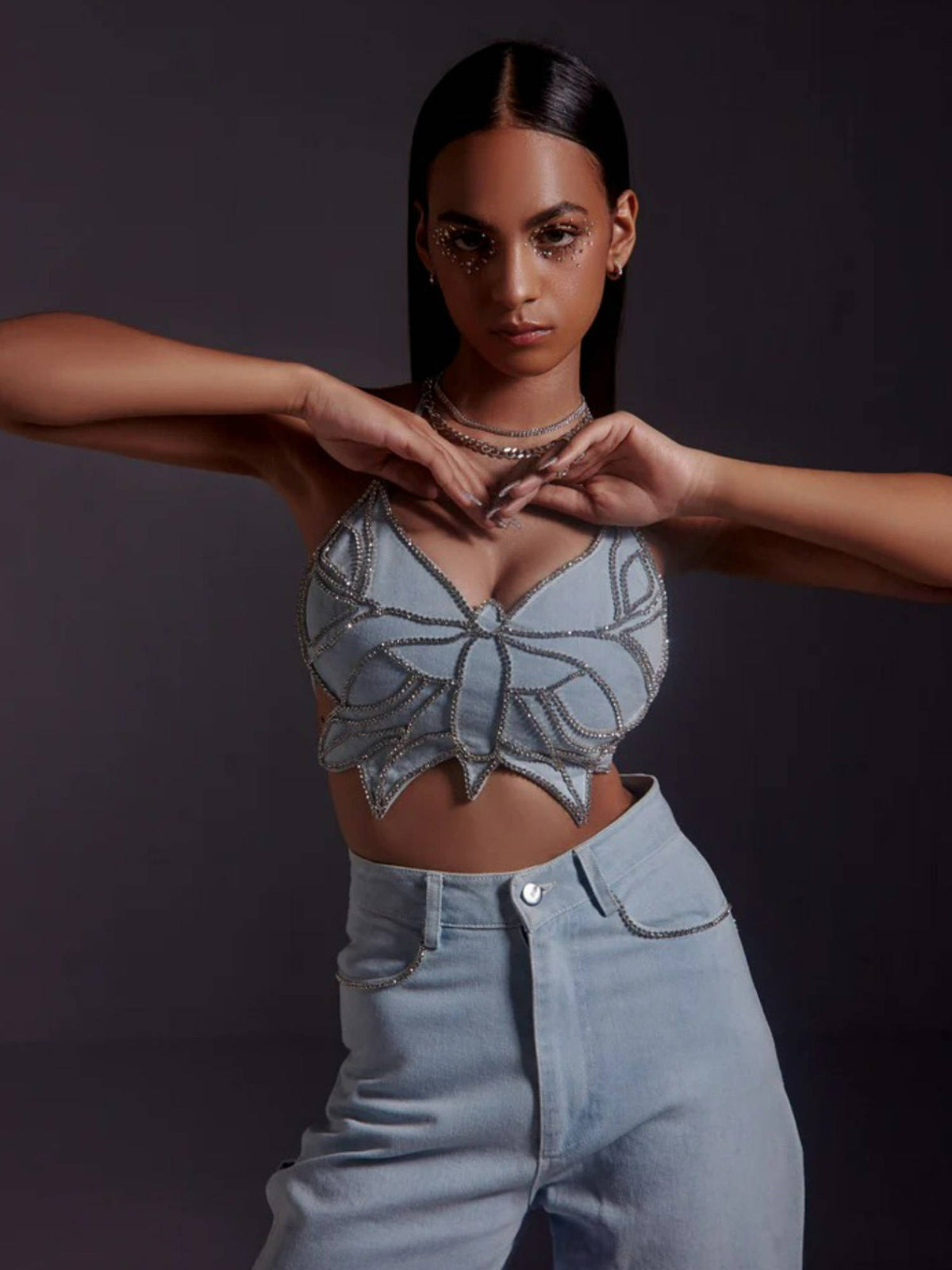 Rhinestone Embellished Butterfly Top-Blue | CT61 - view 3