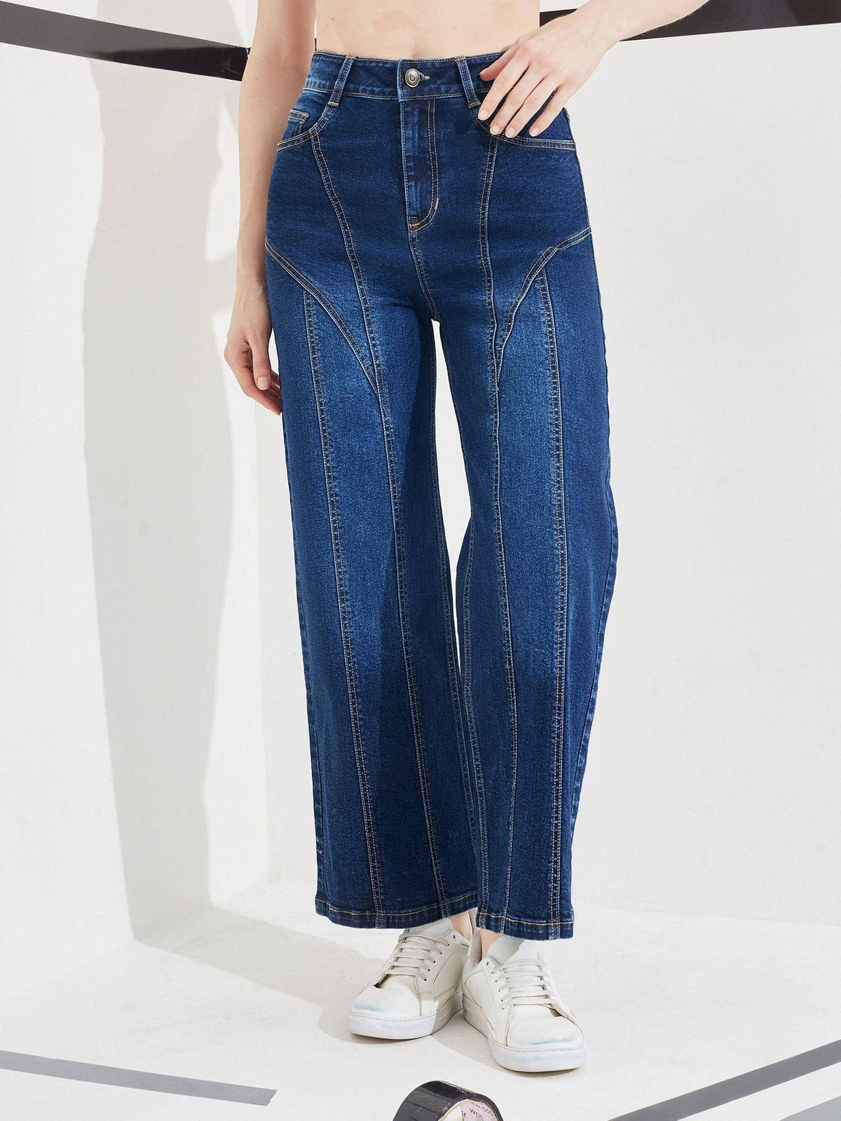 Blue Denim Mid Waist Solid/Plain Wide Leg Jeans | BG78 - view 1
