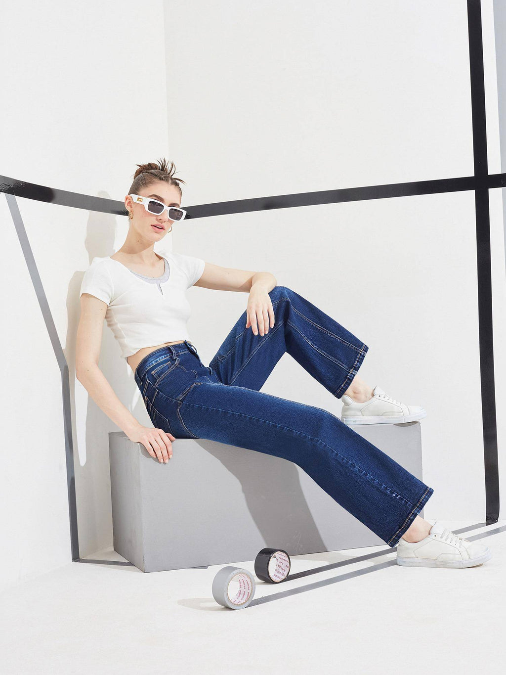 Blue Denim Mid Waist Solid/Plain Wide Leg Jeans | WL90 - view 2