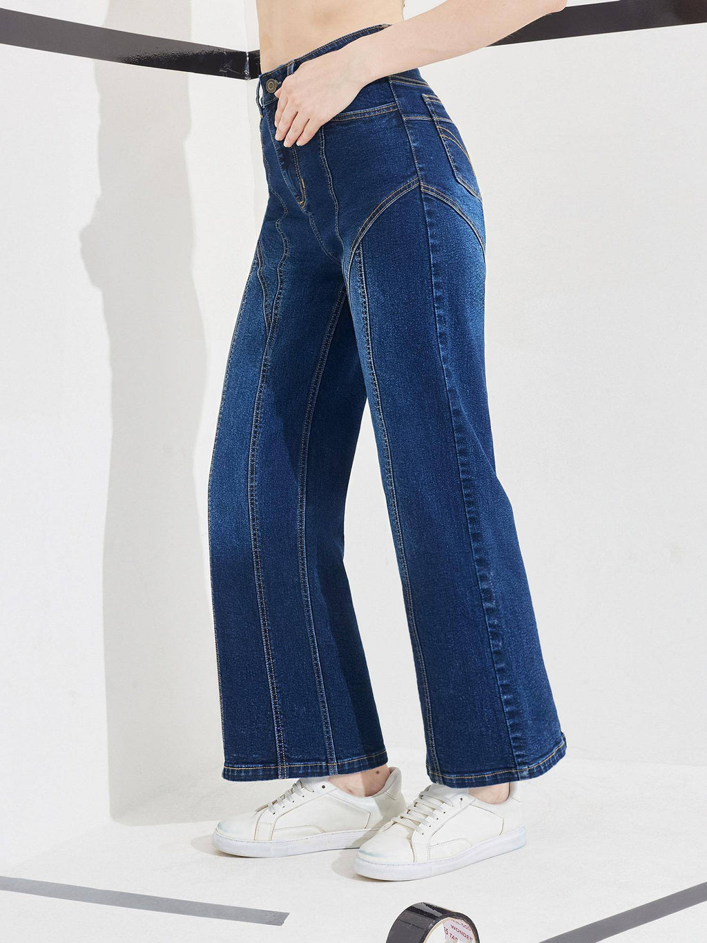 Blue Denim Mid Waist Solid/Plain Wide Leg Jeans | BG78 - view 3