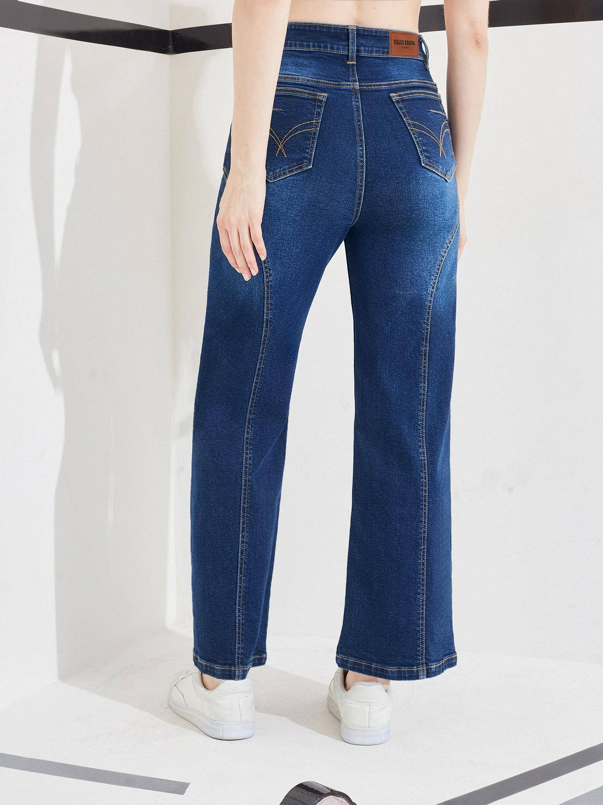 Blue Denim Mid Waist Solid/Plain Wide Leg Jeans | BG78 - view 4