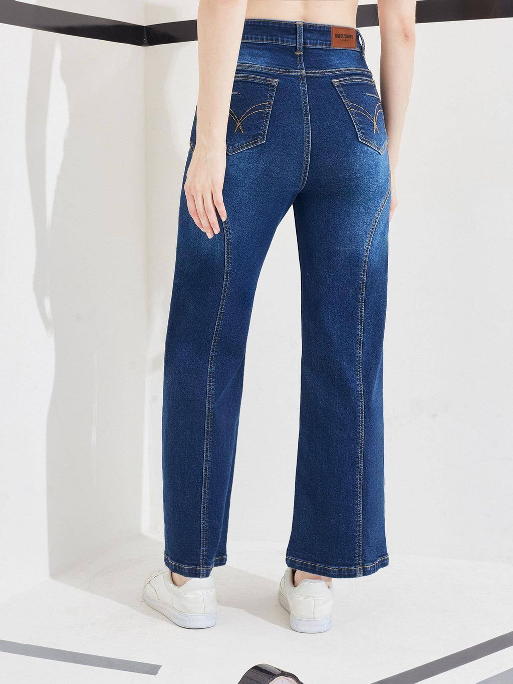 Blue Denim Mid Waist Solid/Plain Wide Leg Jeans | WL90 - view 4