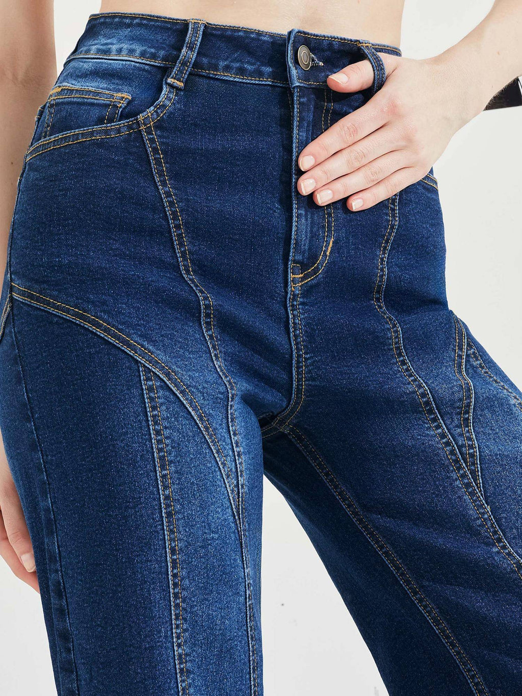 Blue Denim Mid Waist Solid/Plain Wide Leg Jeans | BG78 - view 5