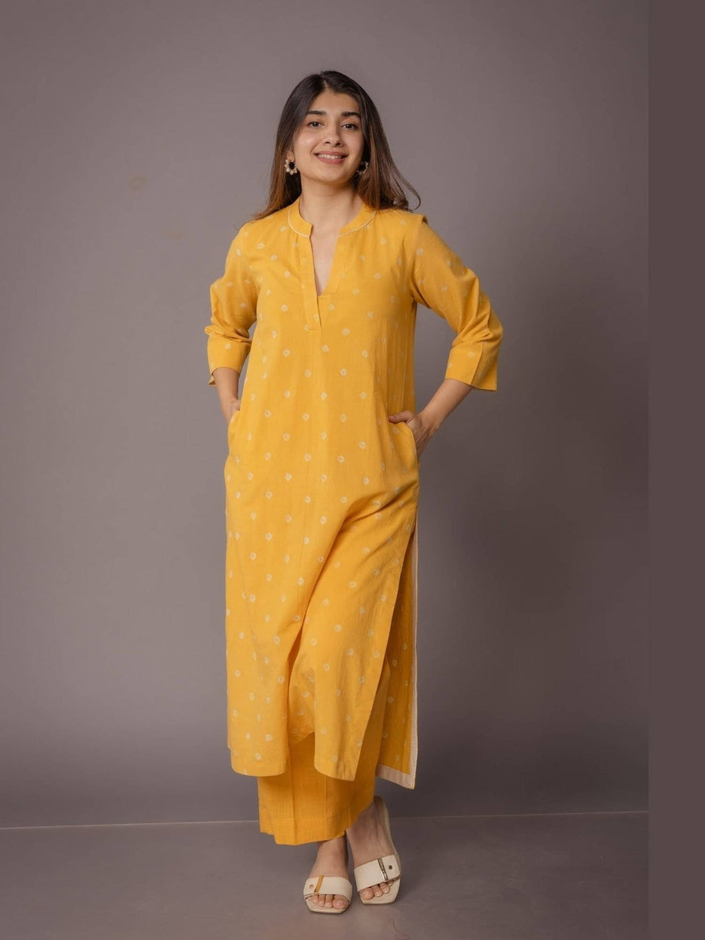 Tanya Yellow Bandhani Cotton Straight Kurta | FY93 - view 3