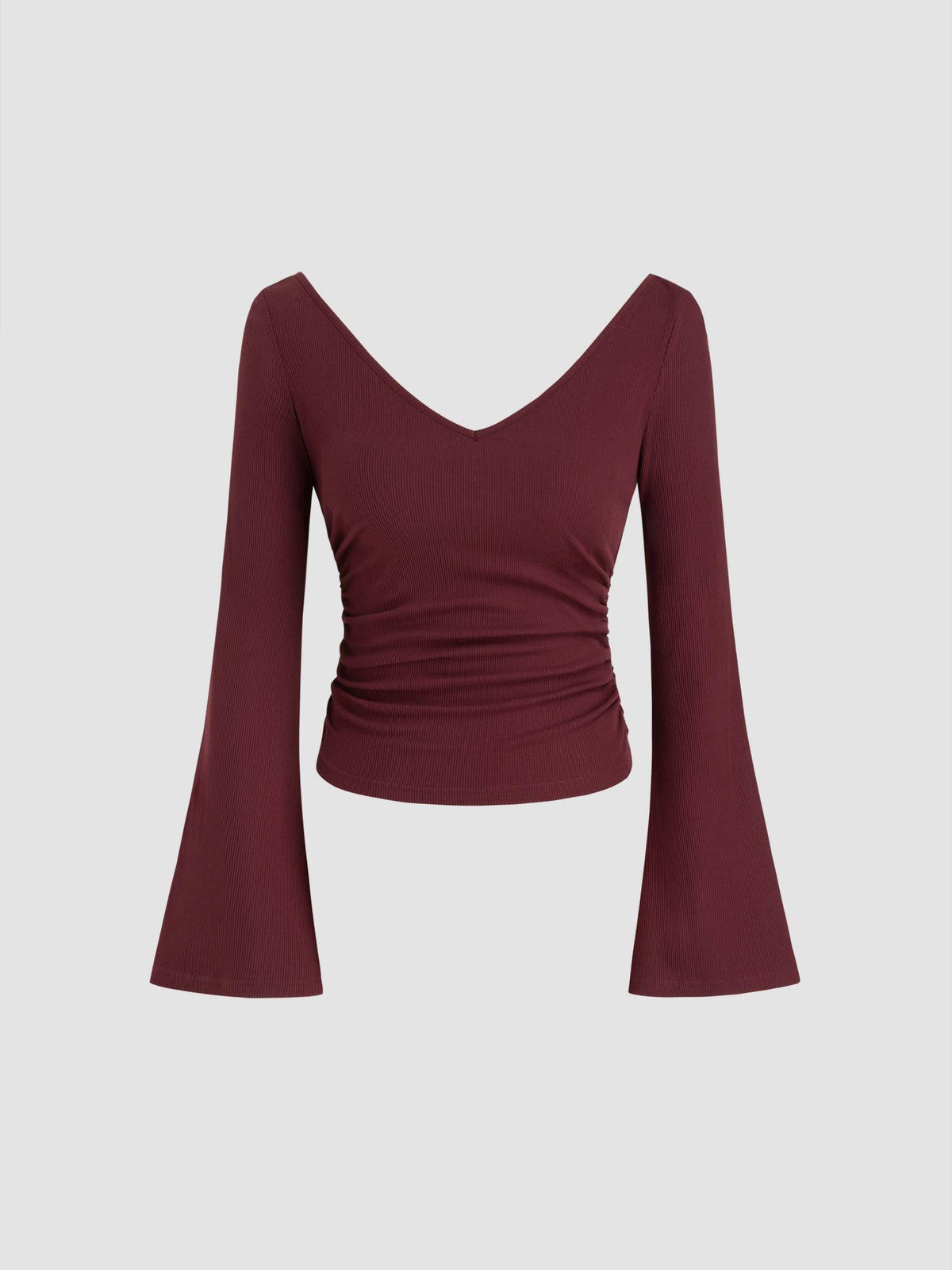 V-neck Solid Ruched Long Bell Sleeve Tee | TS56 - view 1
