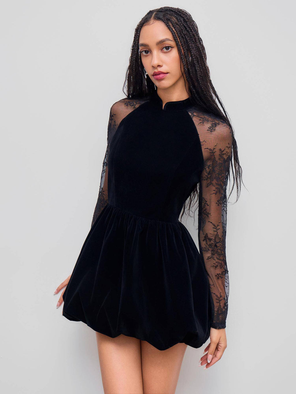 Velvet Mandarin Collar Bubble Hem Lace Mini Dress | D56 - view 1