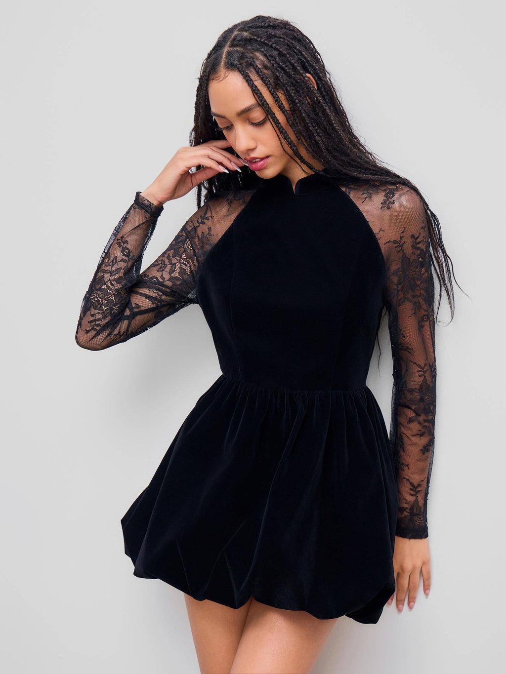 Velvet Mandarin Collar Bubble Hem Lace Mini Dress | D56 - view 3