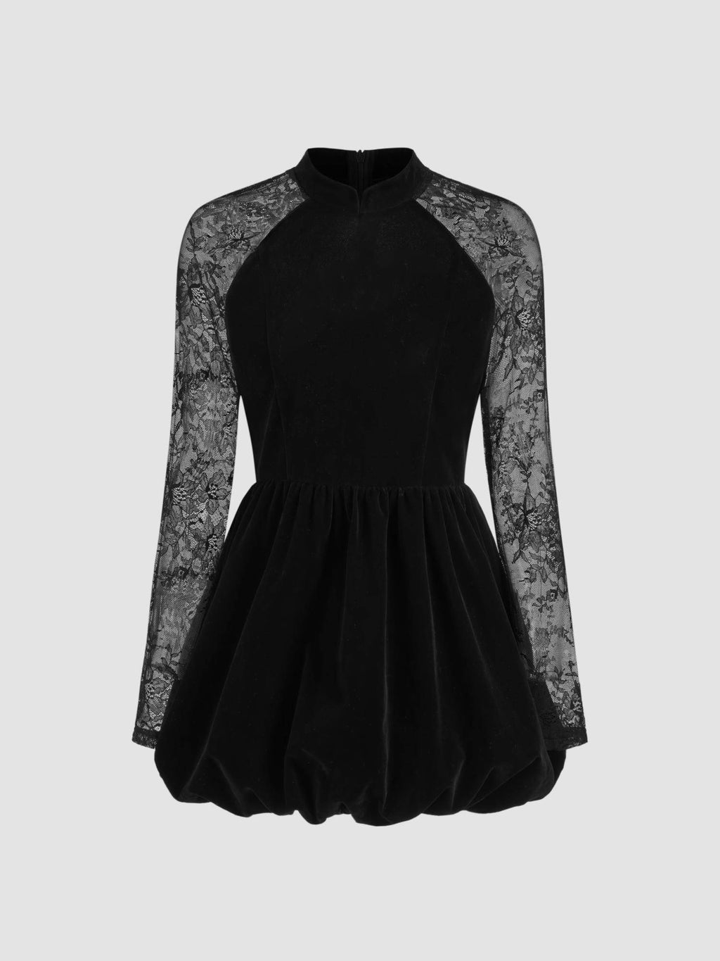 Velvet Mandarin Collar Bubble Hem Lace Mini Dress | D56 - view 6