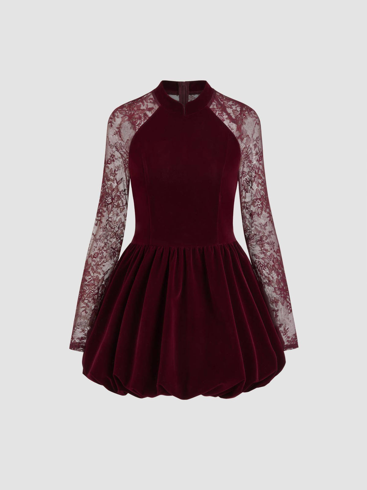 Velvet Mandarin Collar Bubble Hem Lace Mini Dress | D56 - view 11