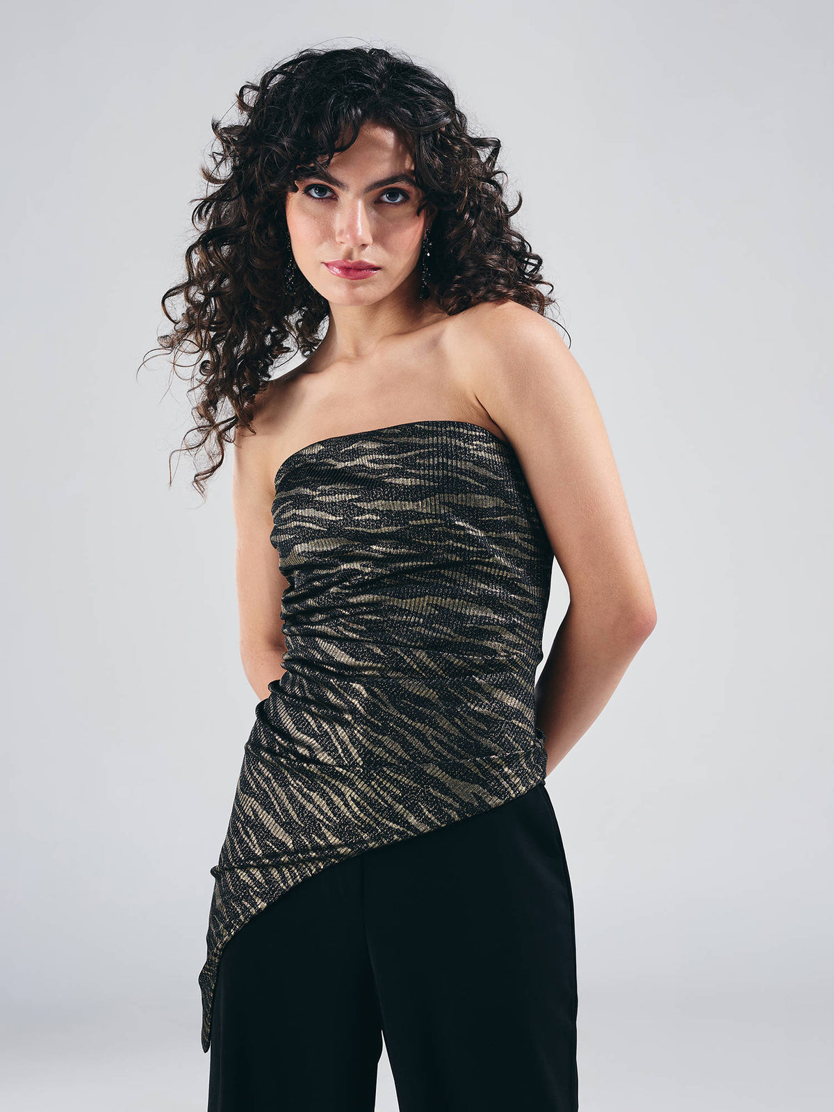 Black Bandeau Style Asymmetric Hem Strapless Top | TT90 - view 1