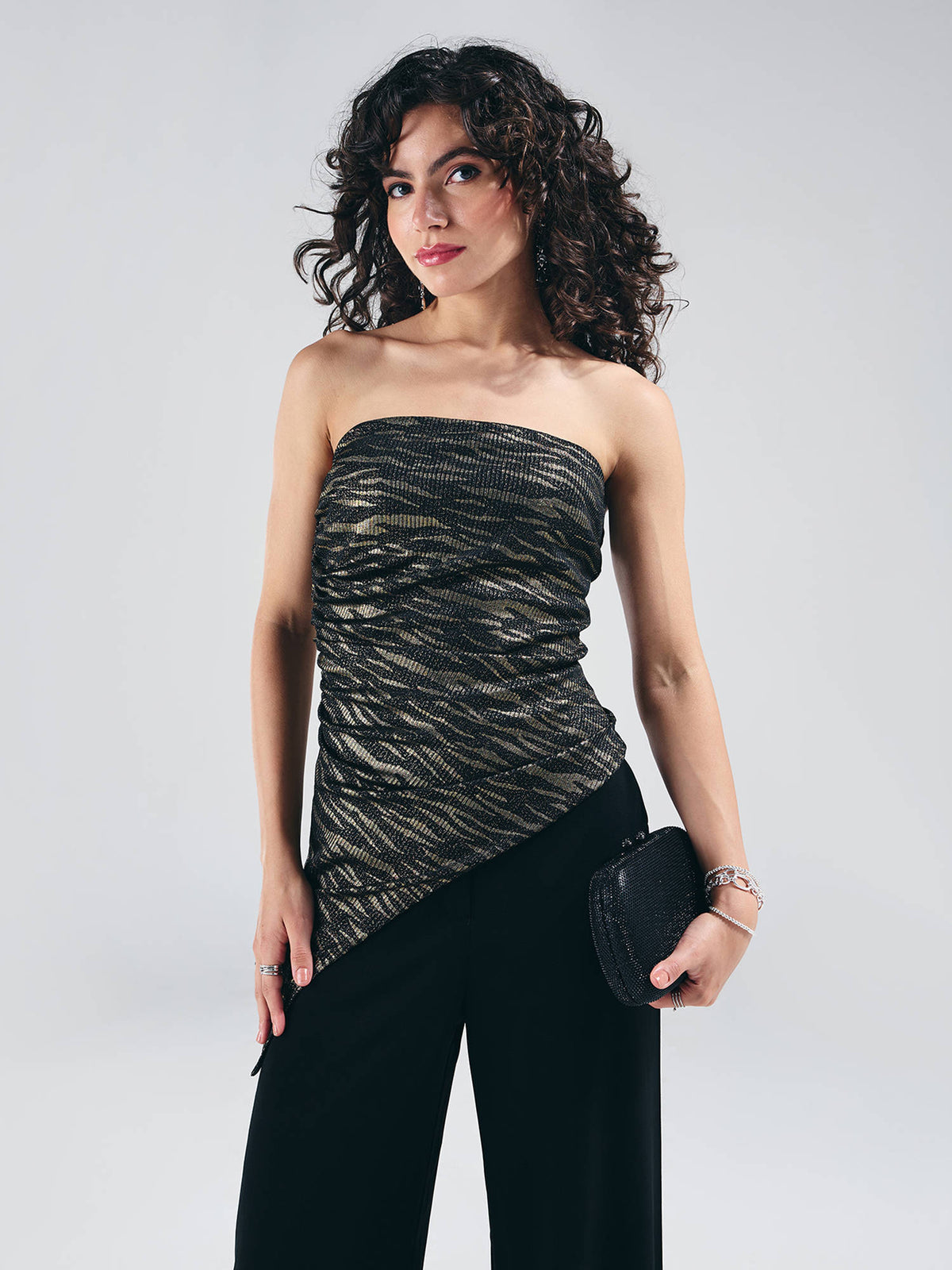 Black Bandeau Style Asymmetric Hem Strapless Top | TT90 - view 4