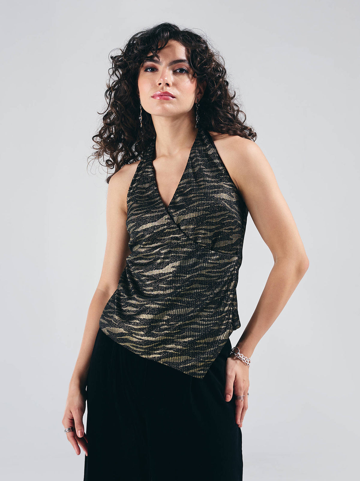 Black Animal Print Halter Neck Asymmetric Hem Wrap Top | HT67 - view 1