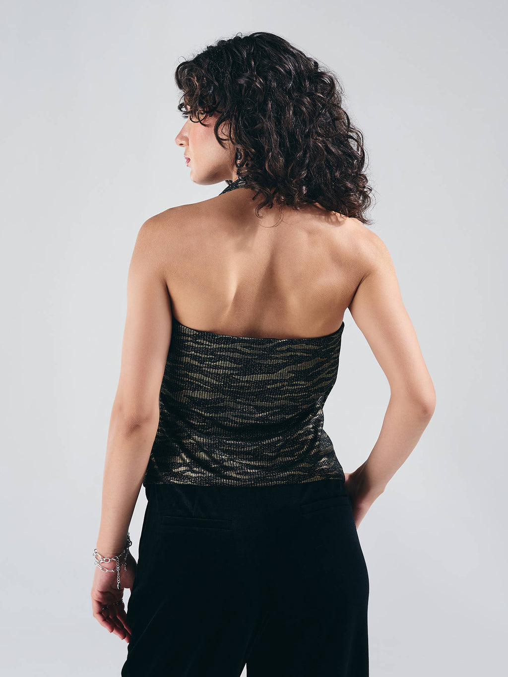 Black Animal Print Halter Neck Asymmetric Hem Wrap Top | HT67 - view 2