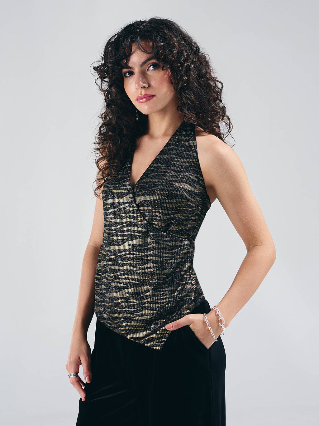 Black Animal Print Halter Neck Asymmetric Hem Wrap Top | HT67 - view 3