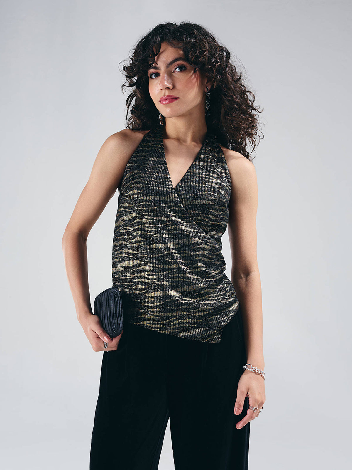 Black Animal Print Halter Neck Asymmetric Hem Wrap Top | HT67 - view 4
