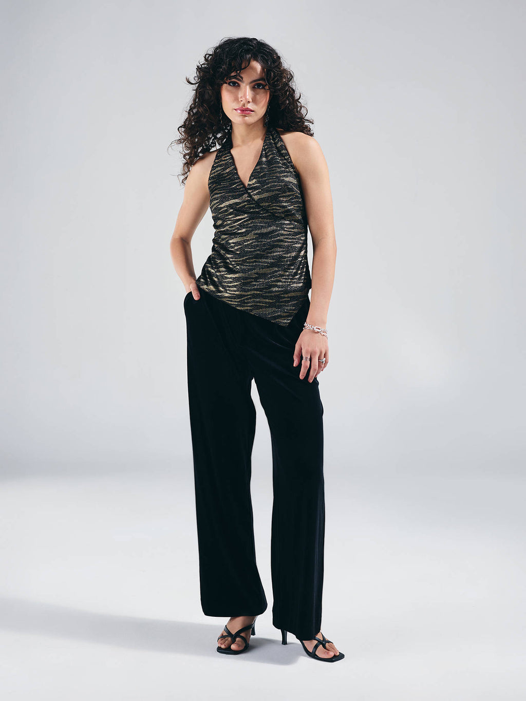 Black Animal Print Halter Neck Asymmetric Hem Wrap Top | HT67 - view 5