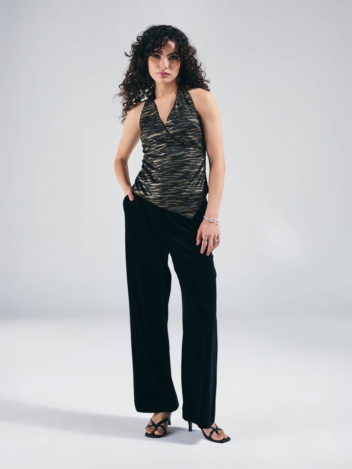 Black Animal Print Halter Neck Asymmetric Hem Wrap Top | HT67 - view 5