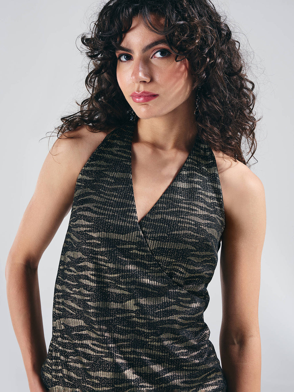 Black Animal Print Halter Neck Asymmetric Hem Wrap Top | HT67 - view 6