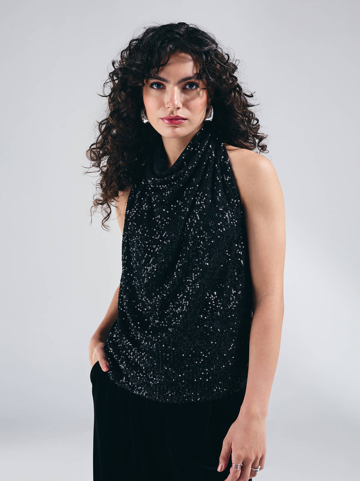 Black Halter Neck Cowl Style Front Sequin Top | HT67 - view 1