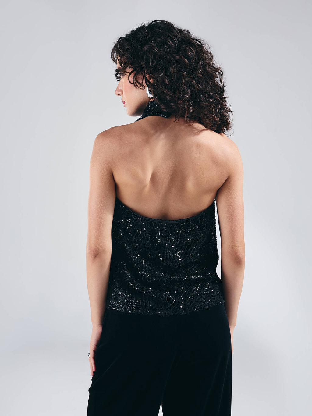 Black Halter Neck Cowl Style Front Sequin Top | HT67 - view 2