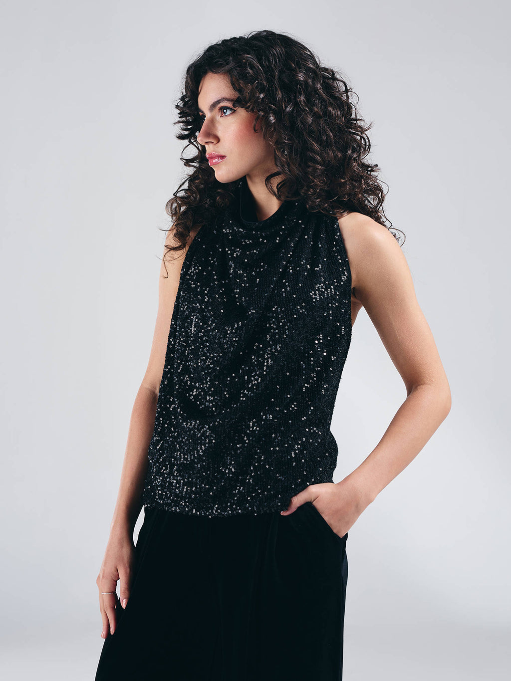 Black Halter Neck Cowl Style Front Sequin Top | HT67 - view 3