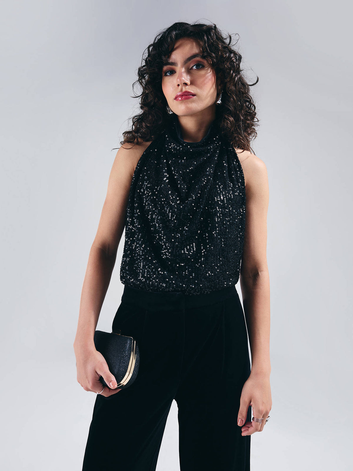 Black Halter Neck Cowl Style Front Sequin Top | HT67 - view 4