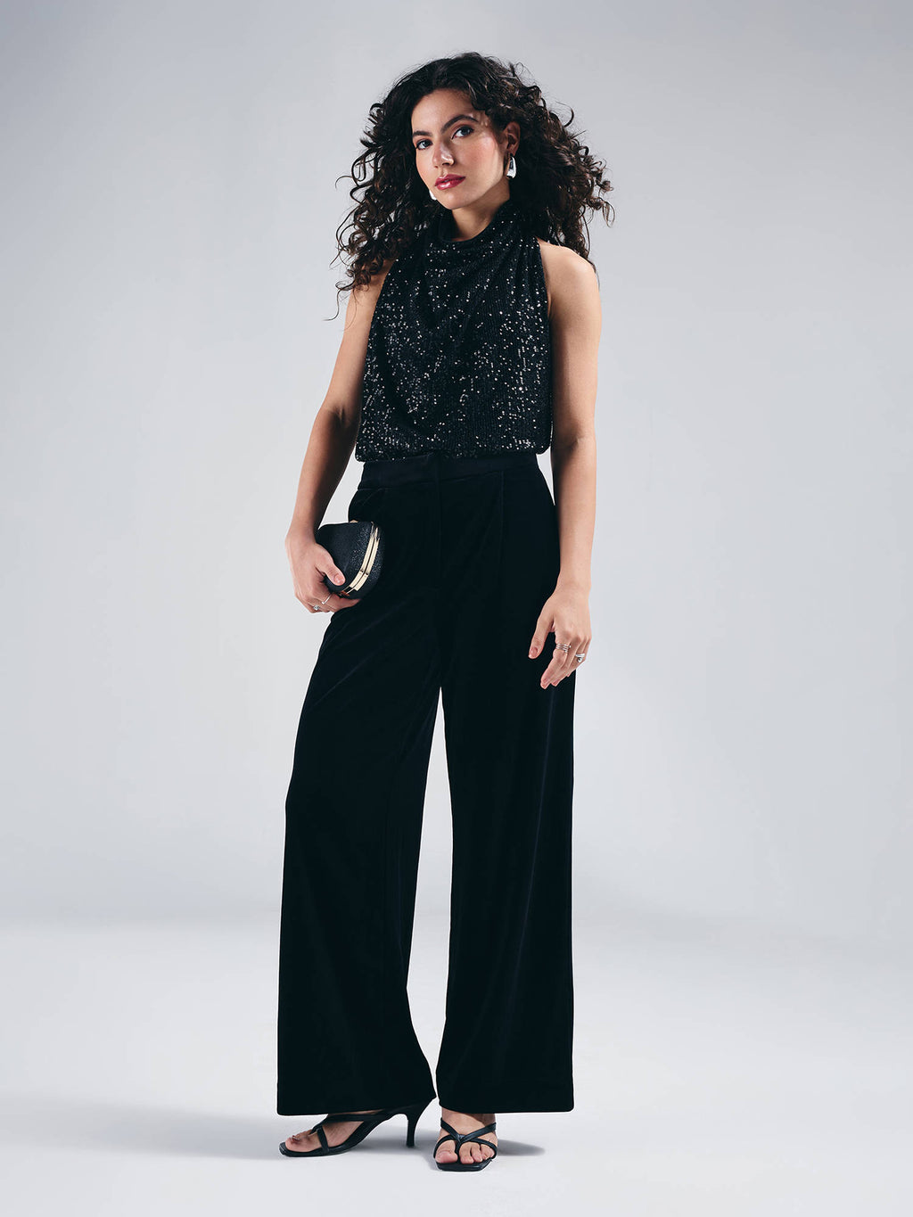 Black Halter Neck Cowl Style Front Sequin Top | HT67 - view 5