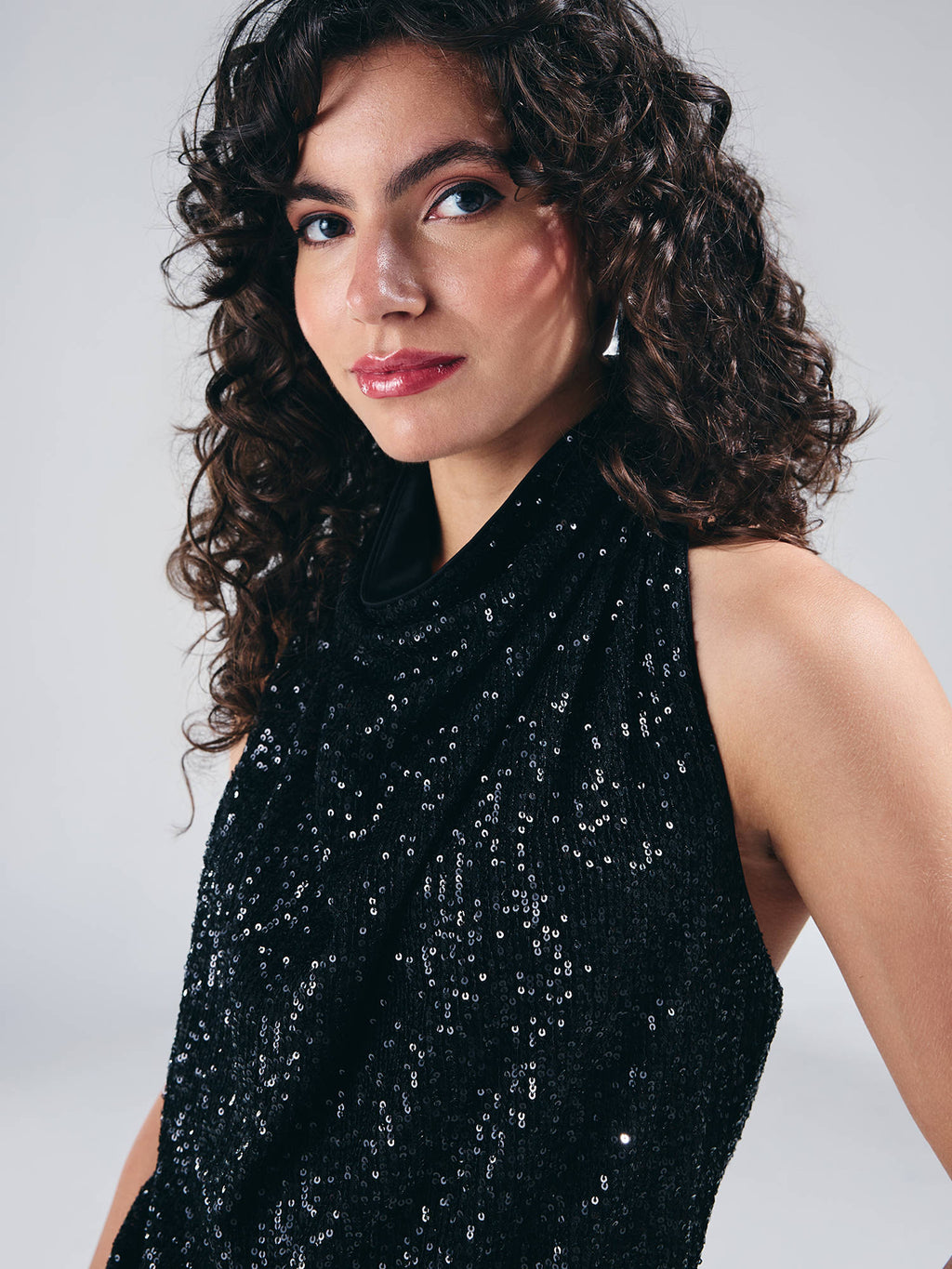 Black Halter Neck Cowl Style Front Sequin Top | HT67 - view 6