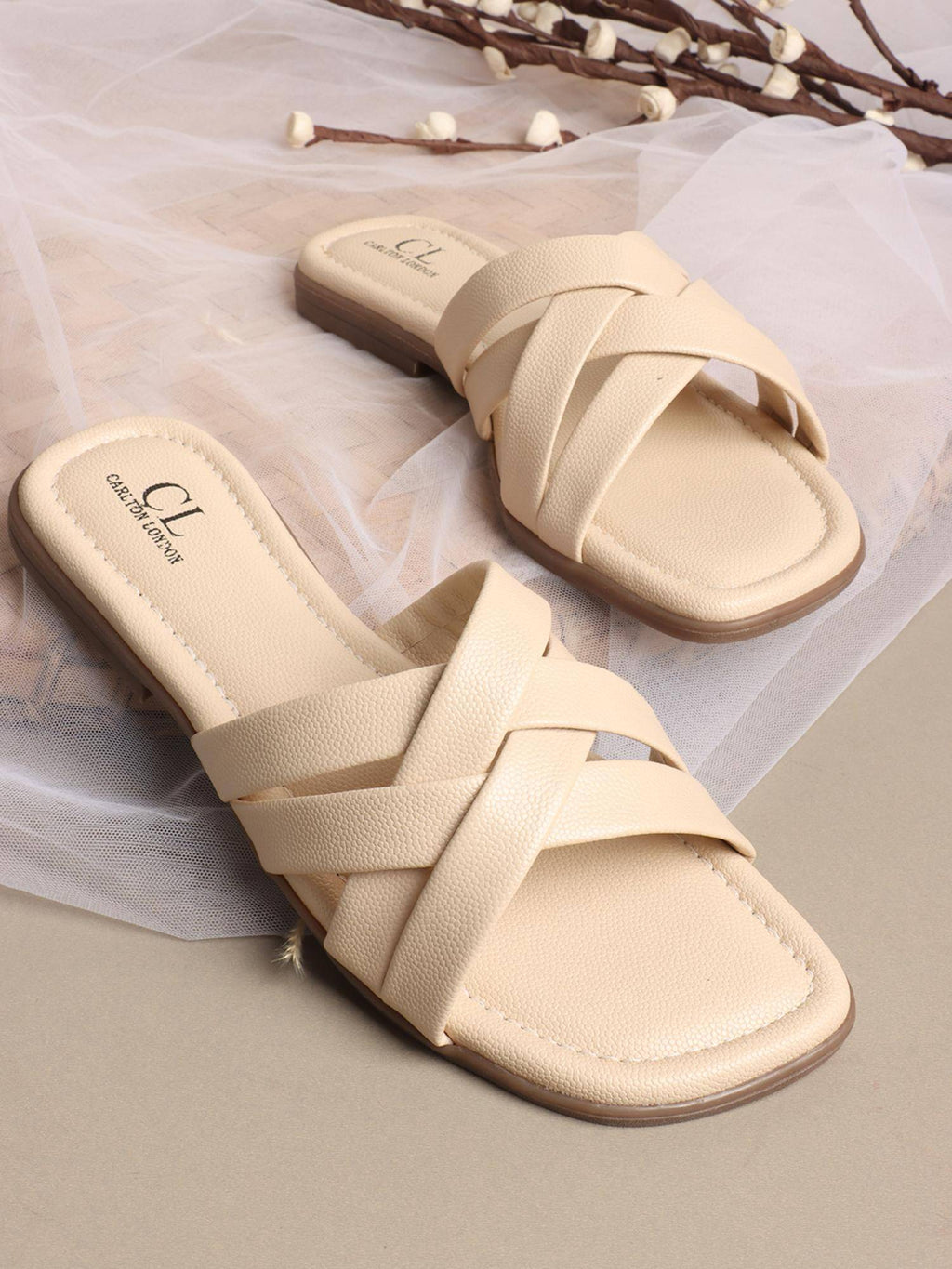 Womens Slip-On Cream Solid Open Toe Flats | F61 - view 3