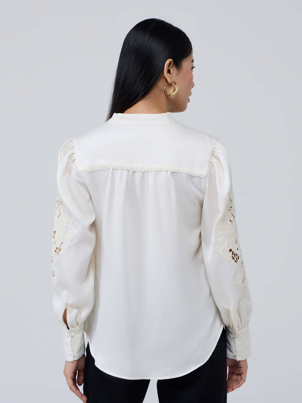 Cream Mandarin Neck Cut Work Detail Shirt | S67 - view 2