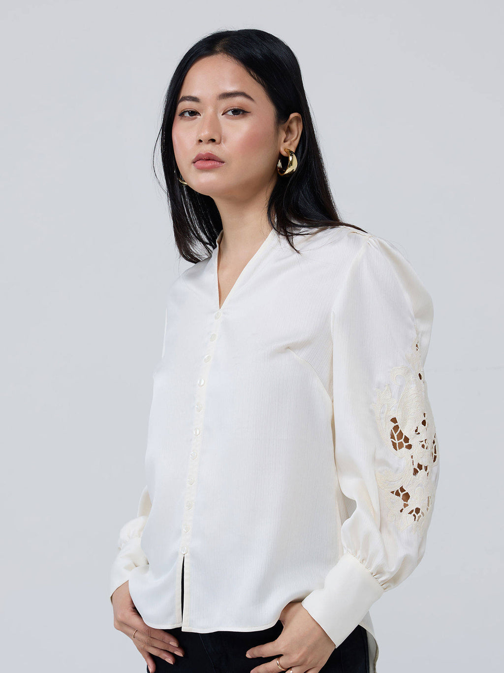 Cream Mandarin Neck Cut Work Detail Shirt | S67 - view 3
