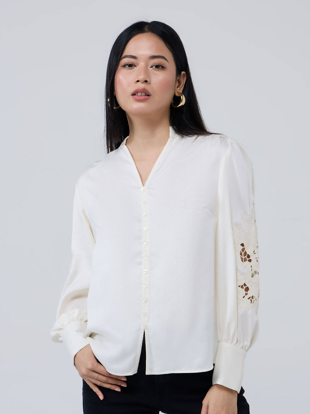 Cream Mandarin Neck Cut Work Detail Shirt | S67 - view 4