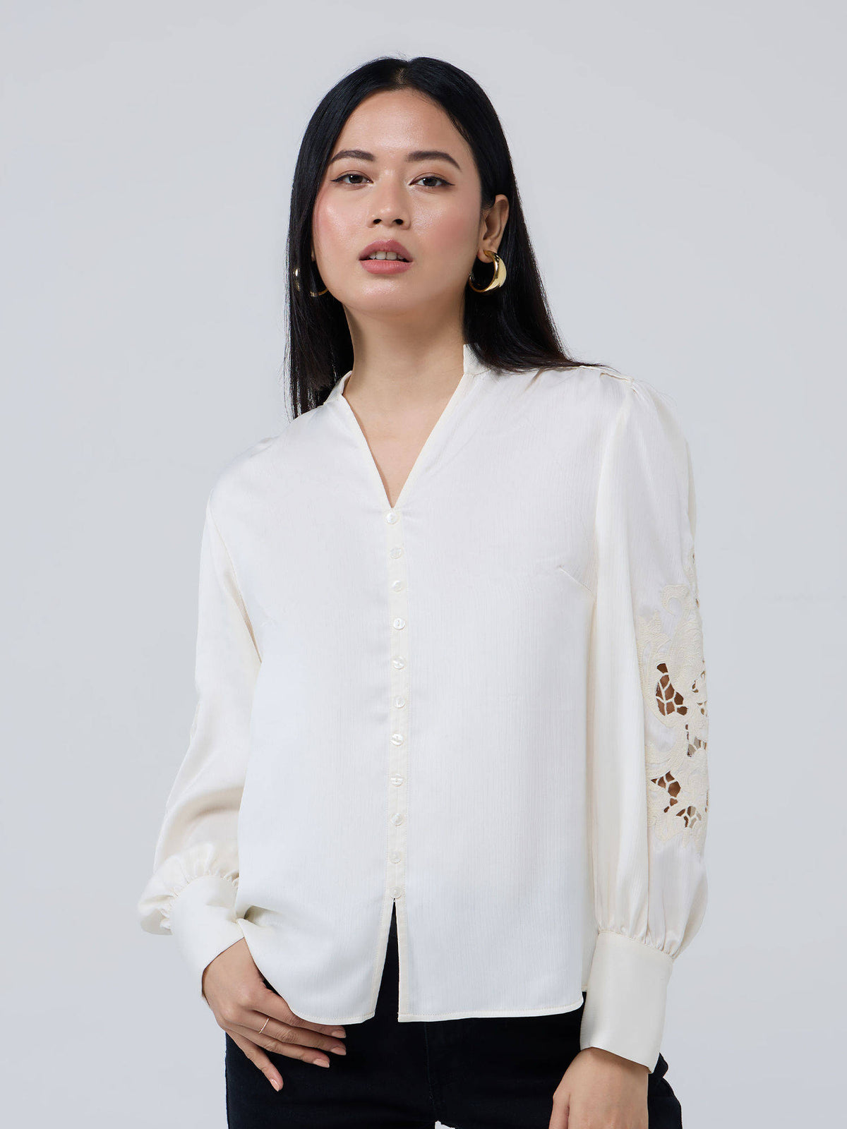 Cream Mandarin Neck Cut Work Detail Shirt | S67 - view 4