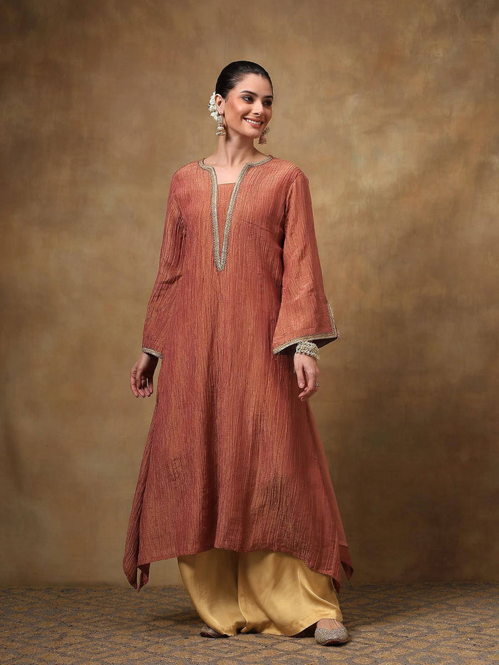Rust Crinkled Tissue A-Line Kurta | FY93 - view 1