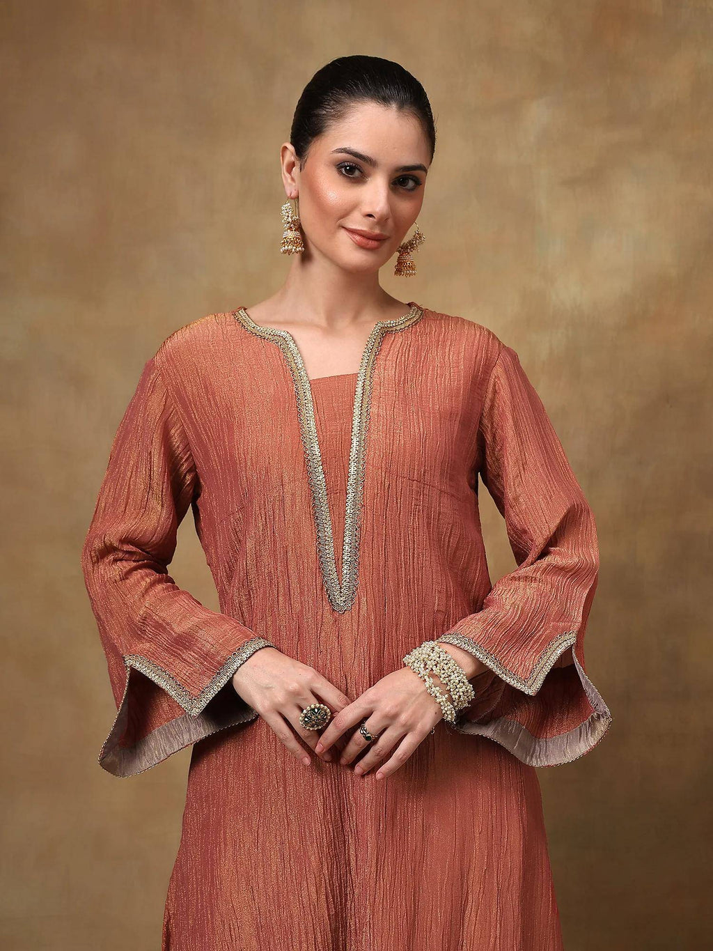 Rust Crinkled Tissue A-Line Kurta | KDG - view 2