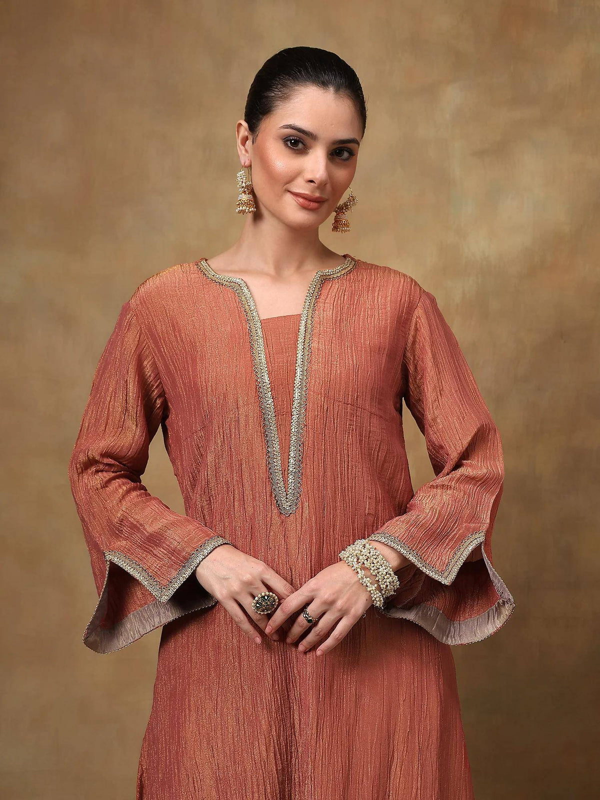 Rust Crinkled Tissue A-Line Kurta | KDG - view 2