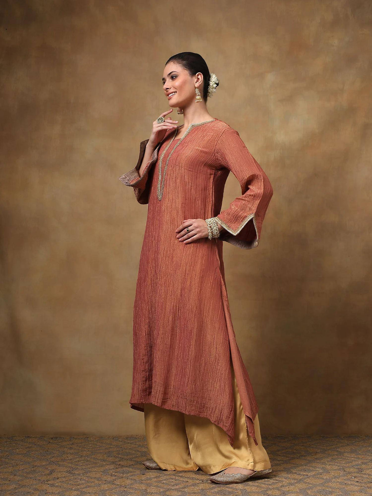 Rust Crinkled Tissue A-Line Kurta | FY93 - view 4