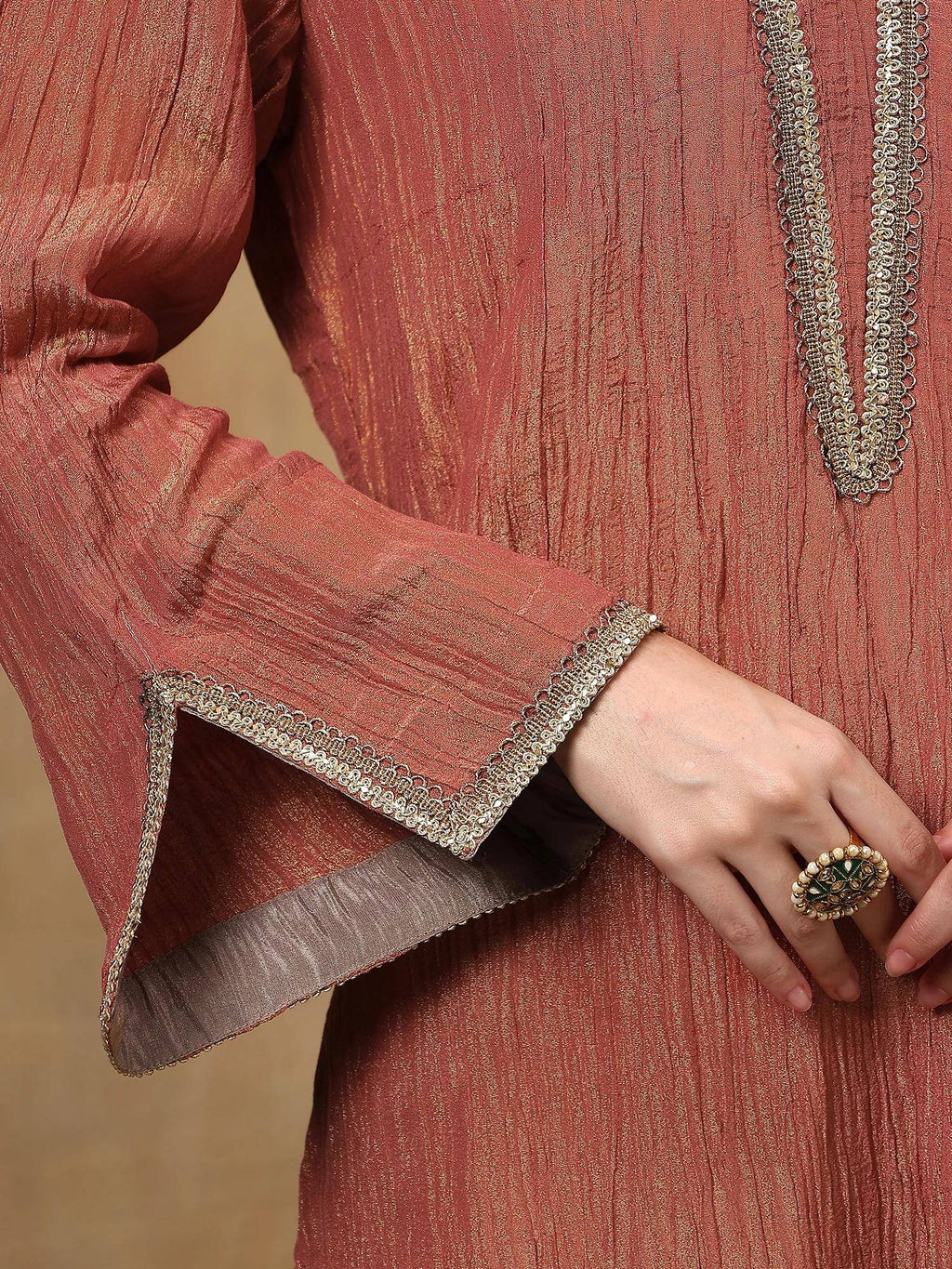 Rust Crinkled Tissue A-Line Kurta | KDG - view 5