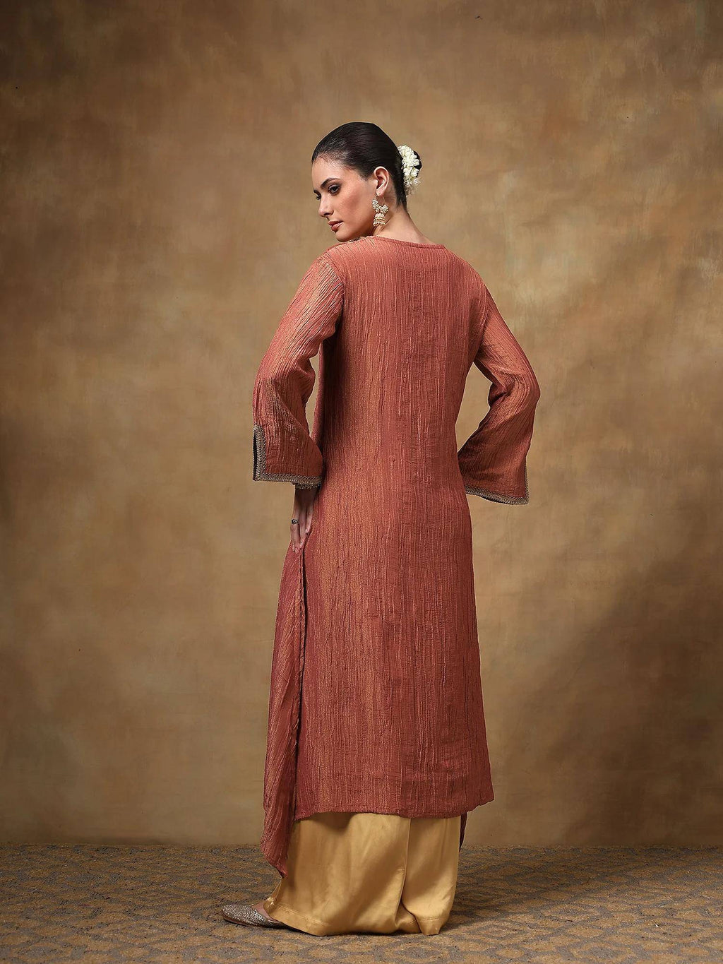 Rust Crinkled Tissue A-Line Kurta | U3S - view 6