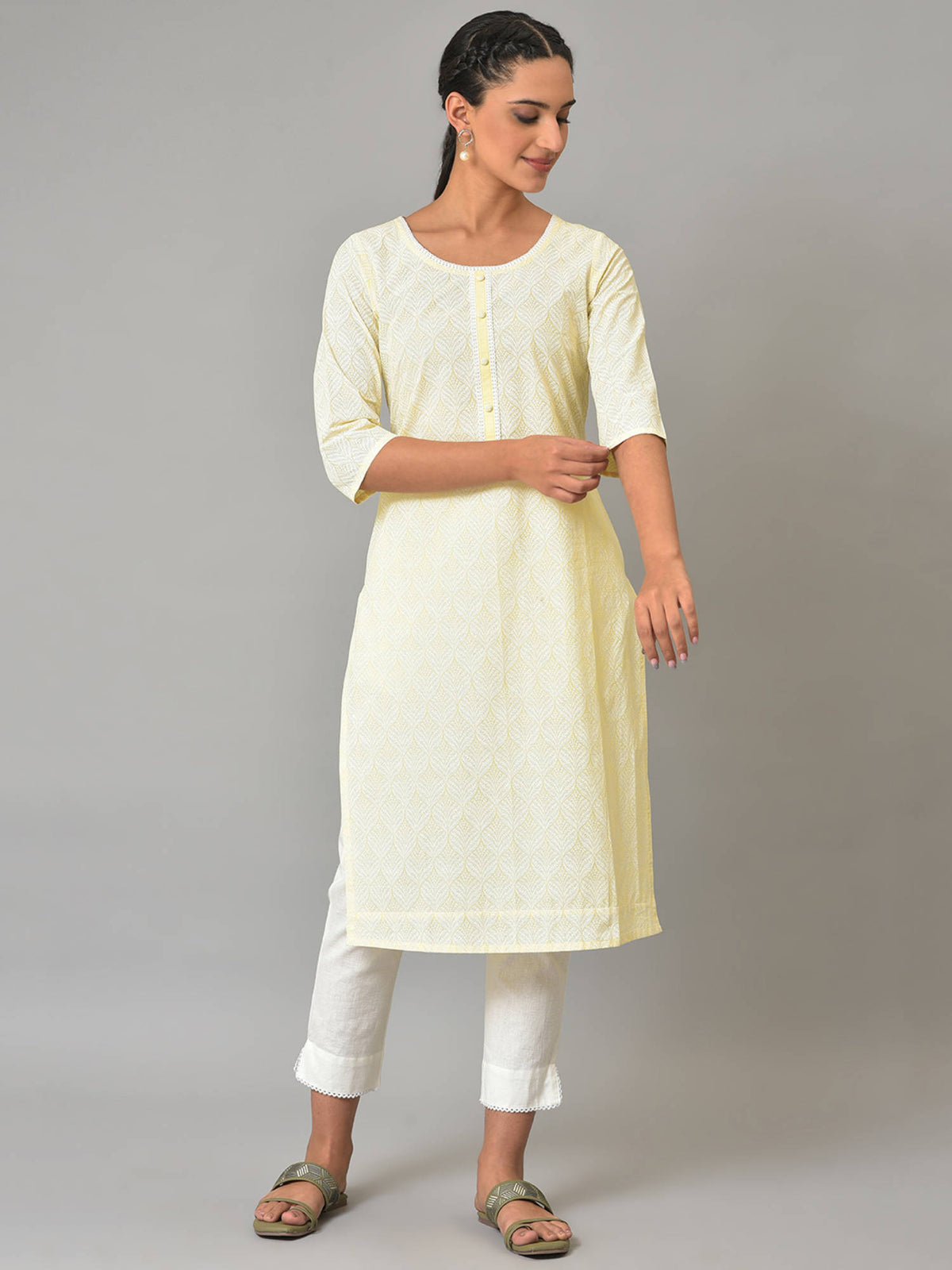 Yellow Printed Cotton Kurta | KDG - view 1