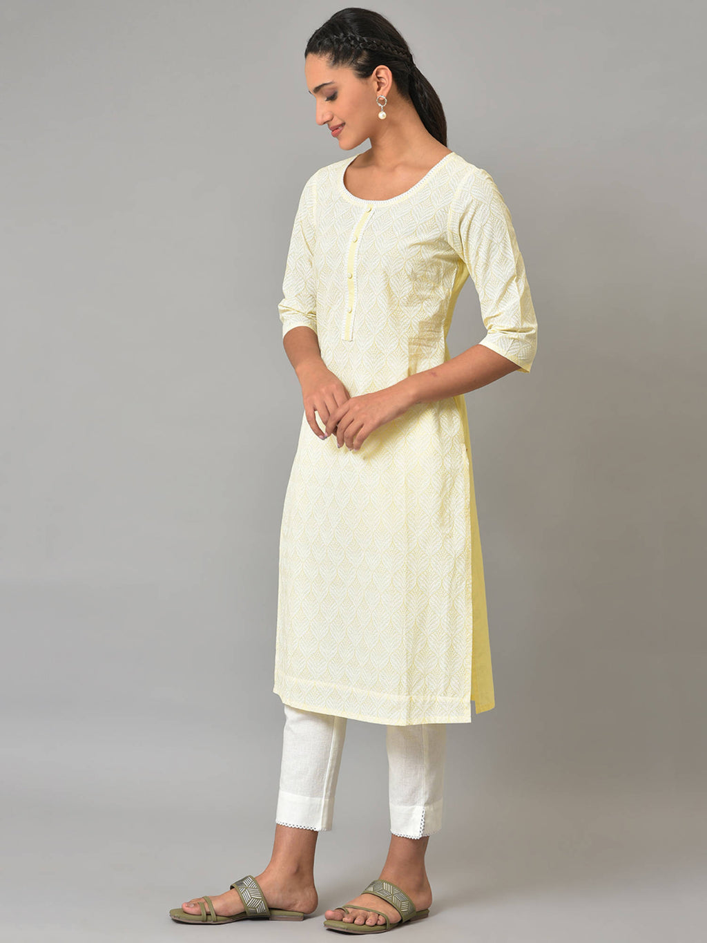 Yellow Printed Cotton Kurta | KDG - view 3