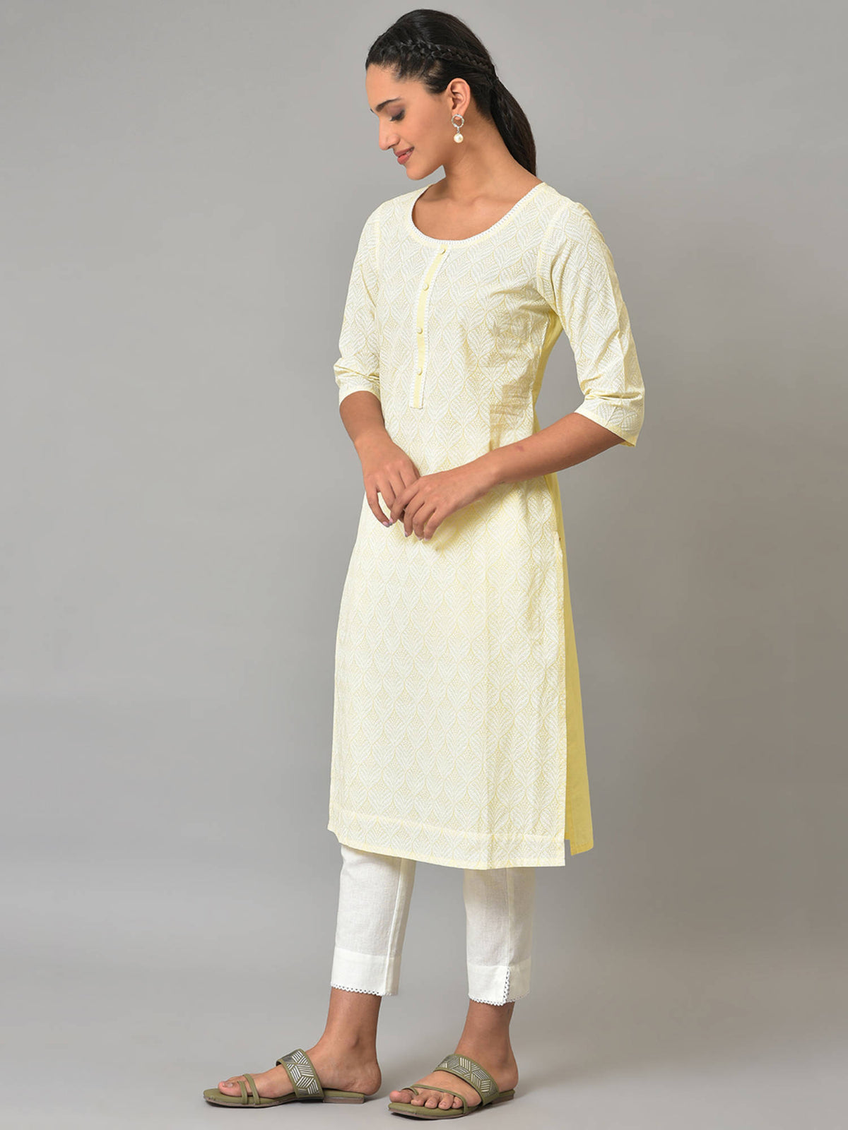 Yellow Printed Cotton Kurta | KDG - view 3