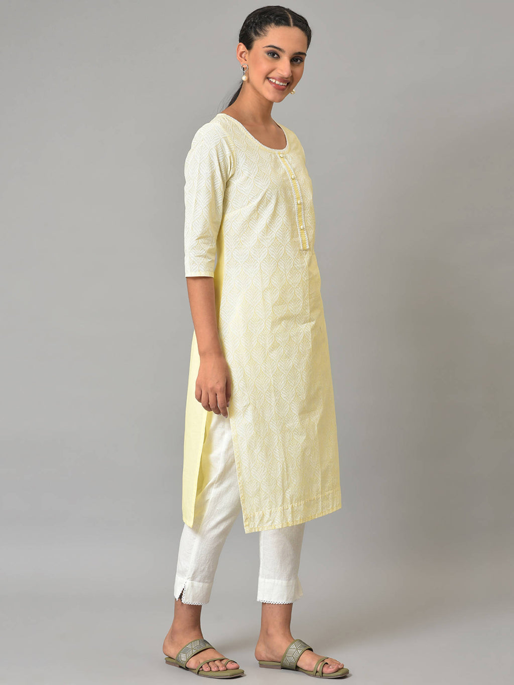 Yellow Printed Cotton Kurta | FY93 - view 4